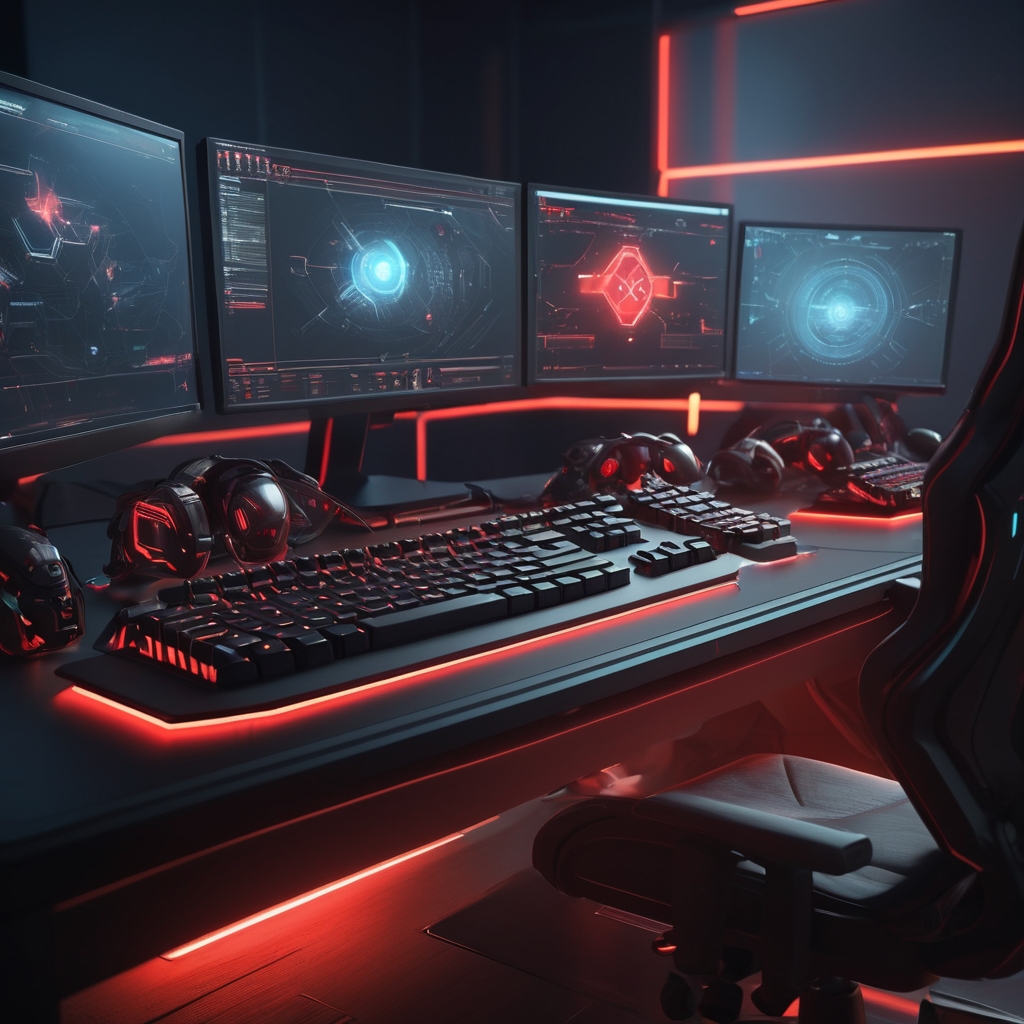 A modern game developer's desk with multiple monitors showing code and a glowing red keyboard.