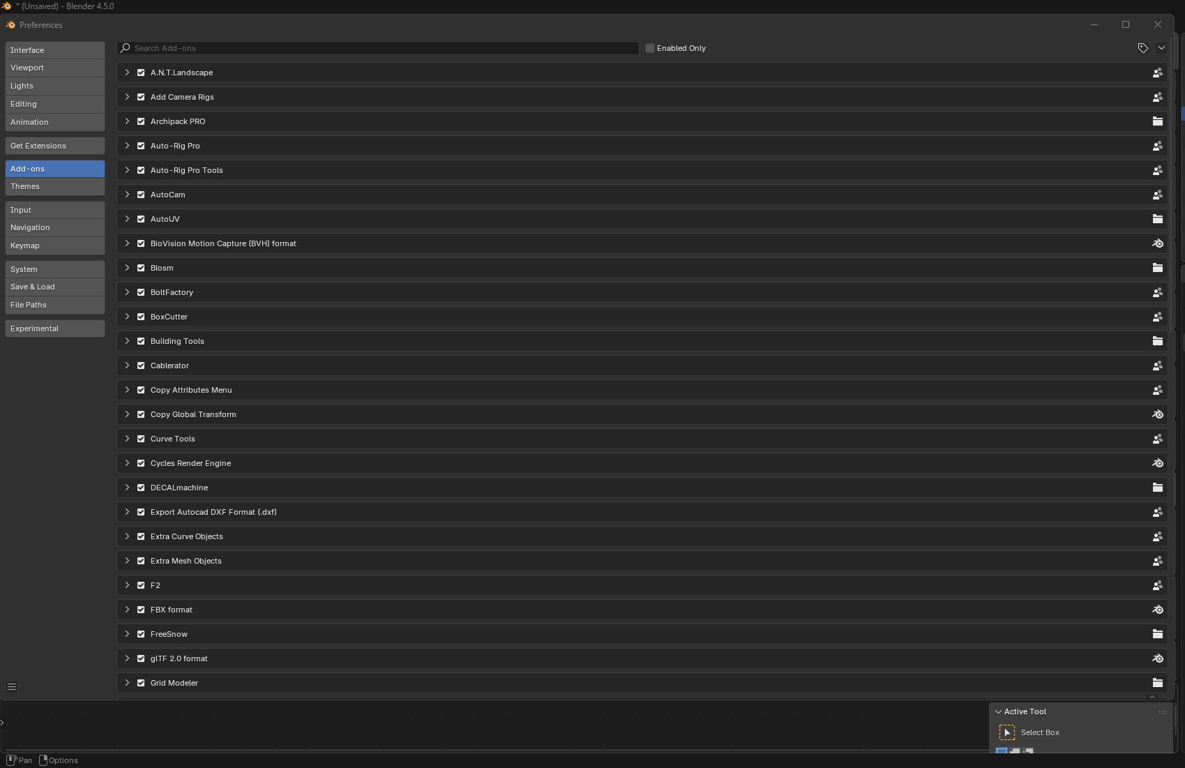 Screenshot showing installed Blender addons