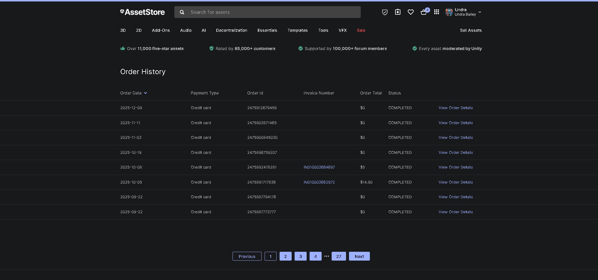 Unity Asset Store purchase history showing over $3,000 in purchases